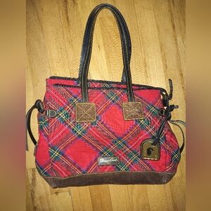 Dooney And Bourke Plaid Tote Bag with Leather Accents